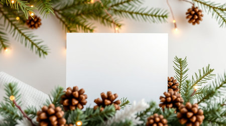 Christmas greeting card mockup with fir branches, pine cones and lights on white backgroundの写真素材