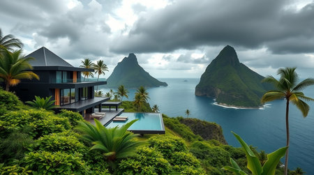 Panoramic view of a villa on a tropical island.の写真素材