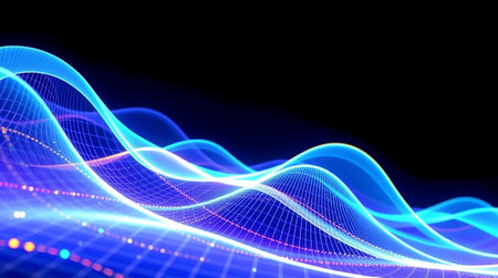 3D render of abstract background with blue glowing particles on black background