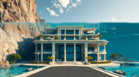 3D CG rendering of luxury villa with swimming pool and seaの写真素材