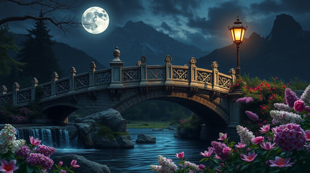 Bridge over the river at night with full moon. 3d renderingの写真素材