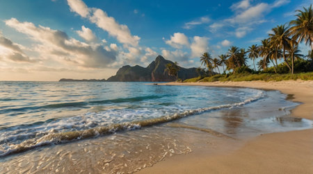 Panorama of a beautiful beach at sunset, El Nido, Palawan, Philippinesの写真素材