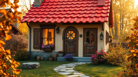 Beautiful house in the autumn garden. Wooden house with a red roof.の写真素材
