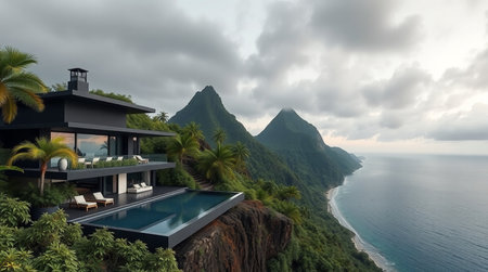 3d rendering of modern cozy house with pool and parking for sale or rent in luxurious style by the sea or ocean.の写真素材