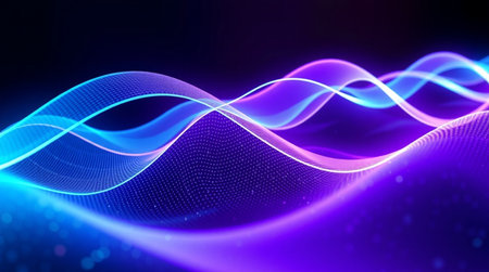 3d render, abstract blue background with glowing particles, wave lines, 3d illustration