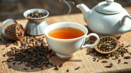 Cup of tea and teapot on wooden table, closeupの写真素材