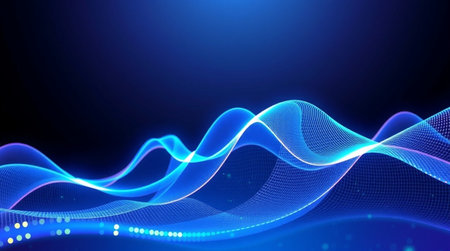 abstract blue background with glowing particles and wave lines, vector illustration