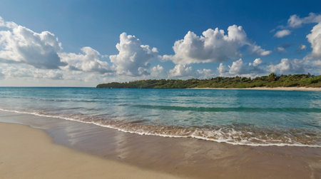 Tropical beach panorama with turquoise water and blue skyの写真素材