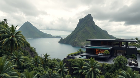 Panoramic view of luxury modern house on the hill with sea view