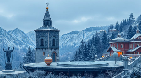 Panoramic view of a church in the village of Bukovel, Ukraineの写真素材