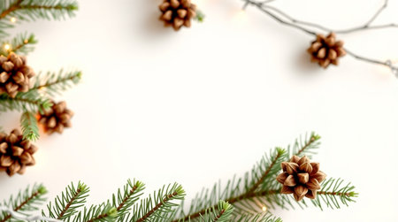 Christmas background with fir tree branches, pine cones and garland on white background
