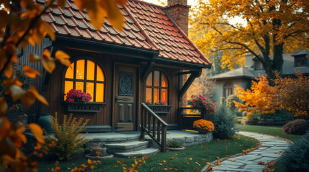 Beautiful wooden house in autumn garden with colorful trees and leaves.の写真素材
