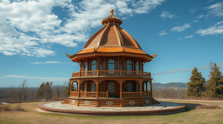 Wooden gazebo in a park with blue sky and cloudsの写真素材