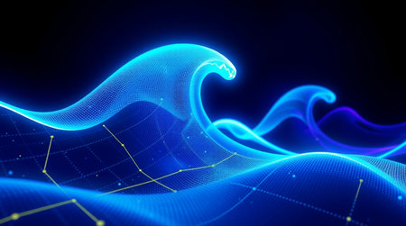 3D illustration of a blue background with a dynamic flow of particles.の写真素材