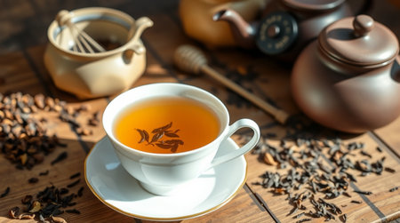 Cup of tea with teapot on wooden table, closeupの写真素材