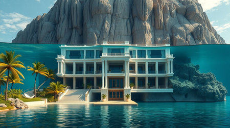 3D CG rendering of a luxurious villa by the sea, showcasing modern architectural design with a stunning ocean view.の写真素材