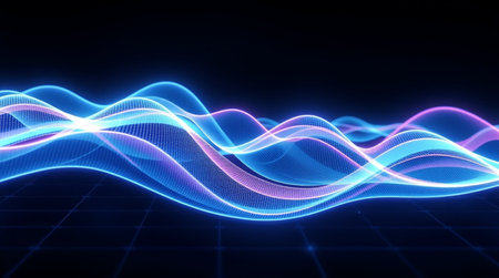 abstract blue wave background with glowing lines, 3d render illustrationの写真素材