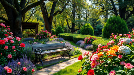 Beautiful blooming garden with bench and colorful flowers in the parkの写真素材