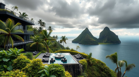 Panoramic view of the sea, mountains and palm trees.の写真素材