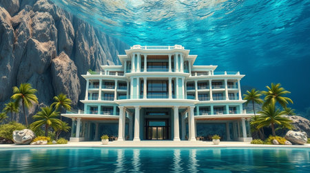3D CG rendering of luxury villa in the blue ocean.の写真素材