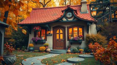 Beautiful house in the autumn park. Colorful autumn trees.の写真素材