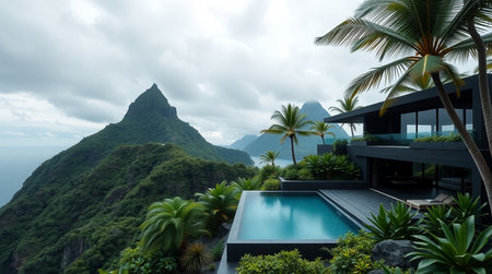 Luxury villa on the hill overlooking the sea and mountainsの写真素材