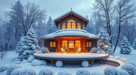 3d rendering of modern cozy chalet in snowy forest.の写真素材