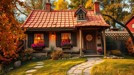Beautiful cozy house in the autumn garden. Colorful autumn landscape.の写真素材