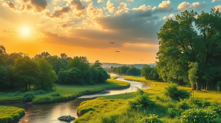 Beautiful sunset over the river and trees. Beautiful summer landscape.の写真素材