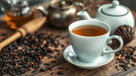 Cup of tea on an old background in a composition with accessoriesの写真素材