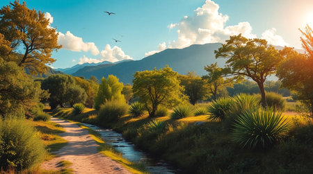 Beautiful landscape with mountains, river and blue sky at sunset.の写真素材