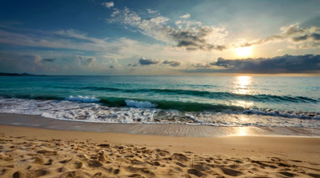 Beautiful beach and tropical sea at sunset time. Nature background.の写真素材