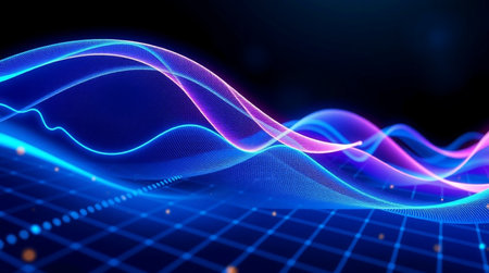Abstract technology background. Futuristic wave grid with glowing particles. 3d rendering
