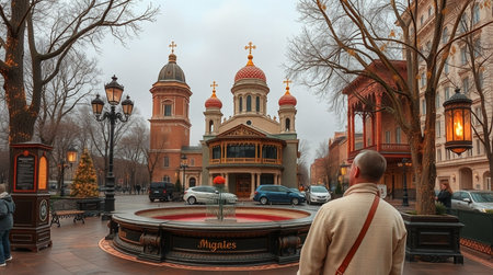 People visit a cathedral in Kiev, Ukraine.の写真素材