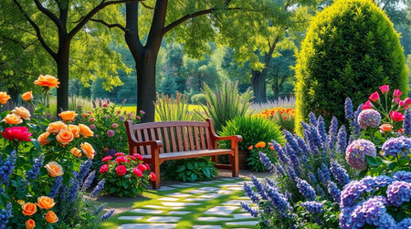 Wooden bench in a beautiful summer garden with blooming flowers.の写真素材