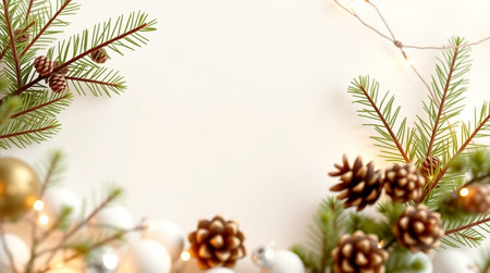 Christmas background with fir branches, pine cones and bokeh lightsの写真素材