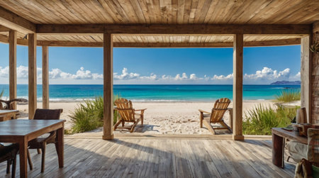 Beach chairs by the window of a wooden house on a tropical beachの写真素材