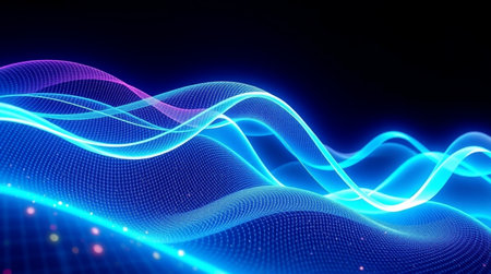 3d render, abstract background with blue glowing particles, wave lines