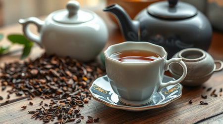 Cup of tea and teapot on wooden table, closeupの写真素材