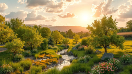 Beautiful spring landscape in the park at sunset. 3d renderingの写真素材