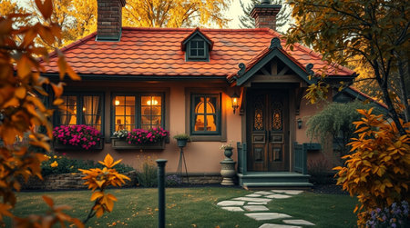 Beautiful wooden house in the autumn garden. Vintage style tonedの写真素材