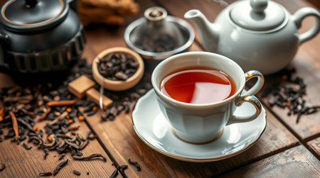 Cup of tea with teapot and teacup on wooden tableの写真素材