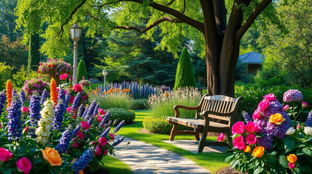 Beautiful spring garden with colorful flowers and bench in the park.の写真素材