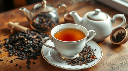 Cup of tea and teapot on wooden table, closeupの写真素材