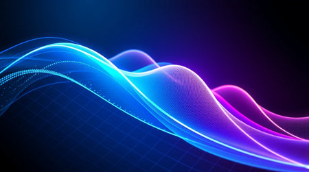 abstract blue background with glowing particles, wave lines, vector illustration