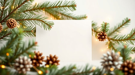 Christmas greeting card mockup with fir branches, pine cones and garland lights on white backgroundの写真素材