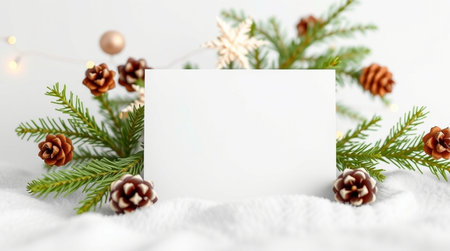 Christmas greeting card mockup with fir tree branches and pine cones on white backgroundの写真素材