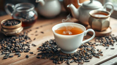 Cup of hot tea on wooden table, closeup. Space for textの写真素材