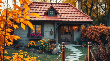 Beautiful cozy house in the autumn park. House in the fall.の写真素材