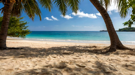Panoramic view of beautiful tropical beach with palm trees and turquoise water